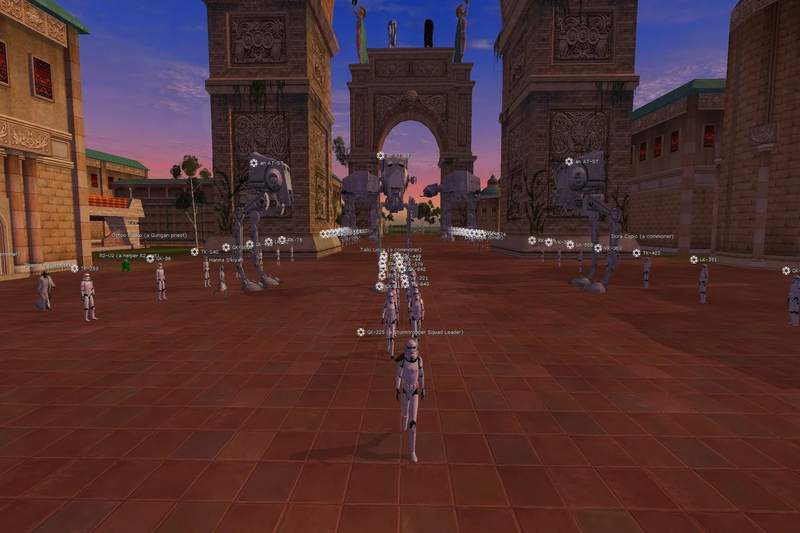 Stormtroopers and AT-STs in a Theed plaza